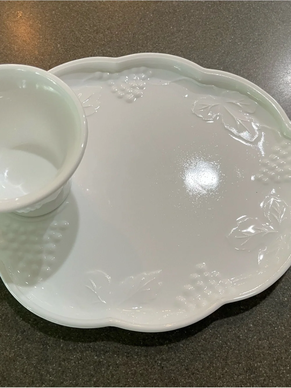 8 Milk glass White Embossed Ceramic Serving Plate and Cup Set